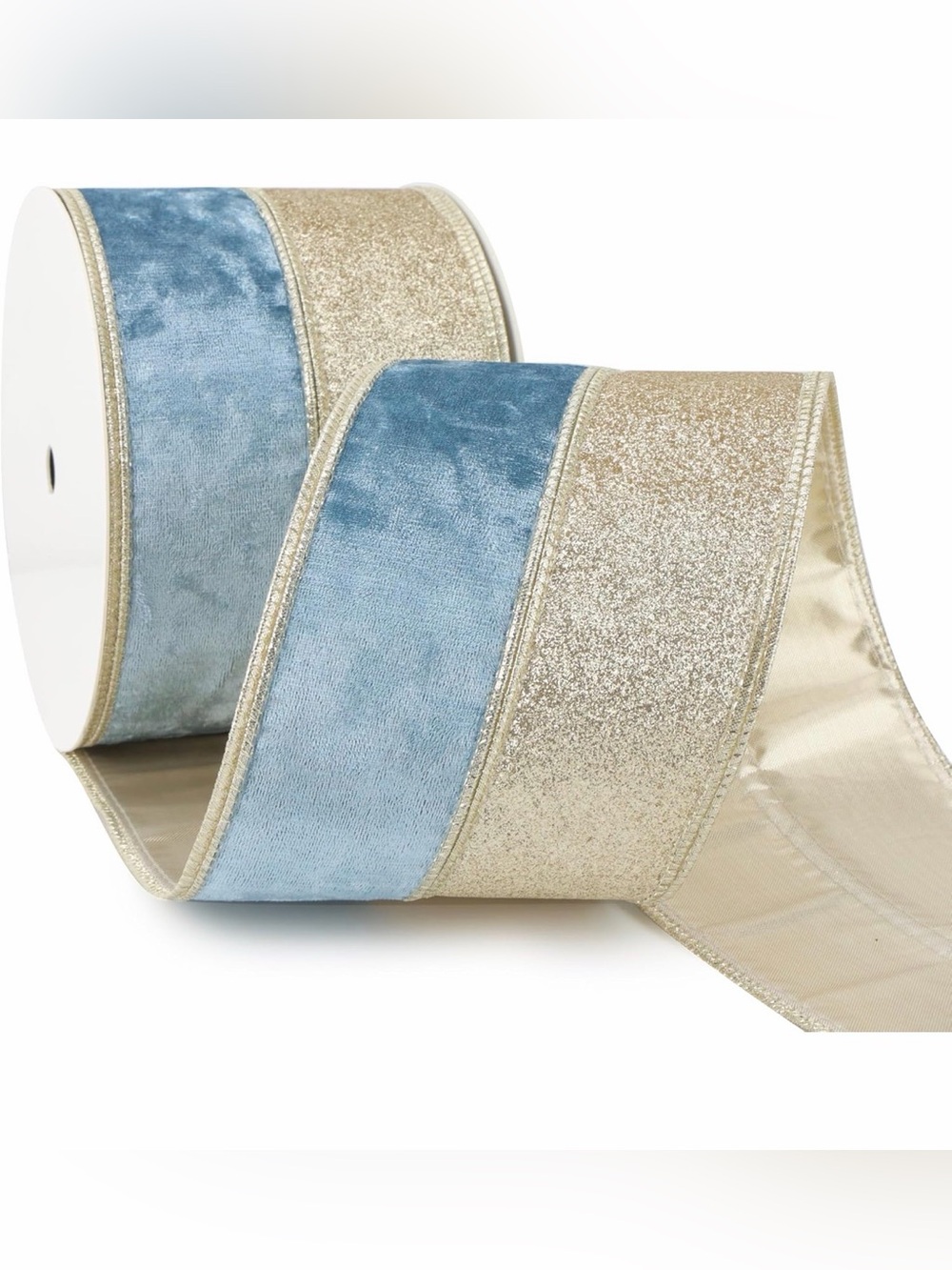 Blue and Gold Velvet Glitter Holiday Wired Ribbon Gift & Décor Ribbon